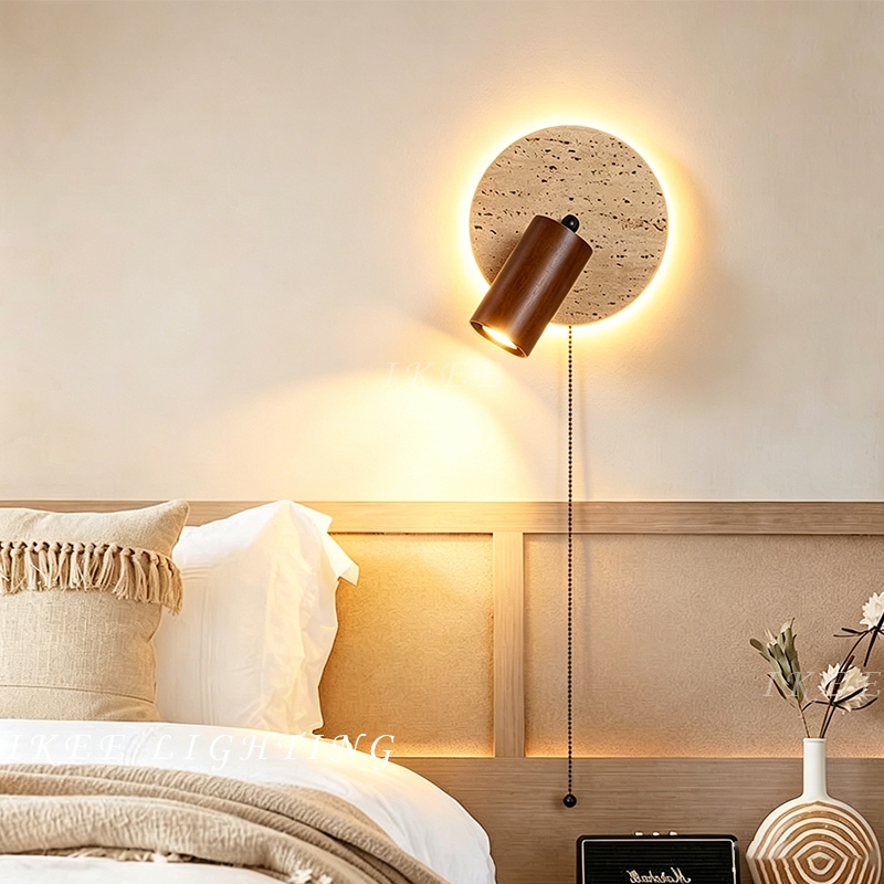 Minimalist Adjustable Wall Light, Pull Switch Solid Wood Yellow Travertine Wall Sconce, Decorative H