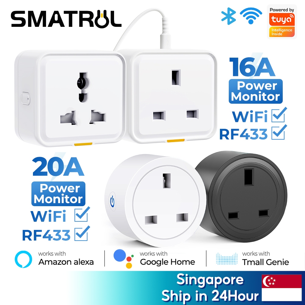 SMATRUL Tuya 20A/16A UK WiFi Socket Outleter Adaper Smart Life APP Voice Timer Google Home Amazon Alexa Light Wall Power Monitor SG plug