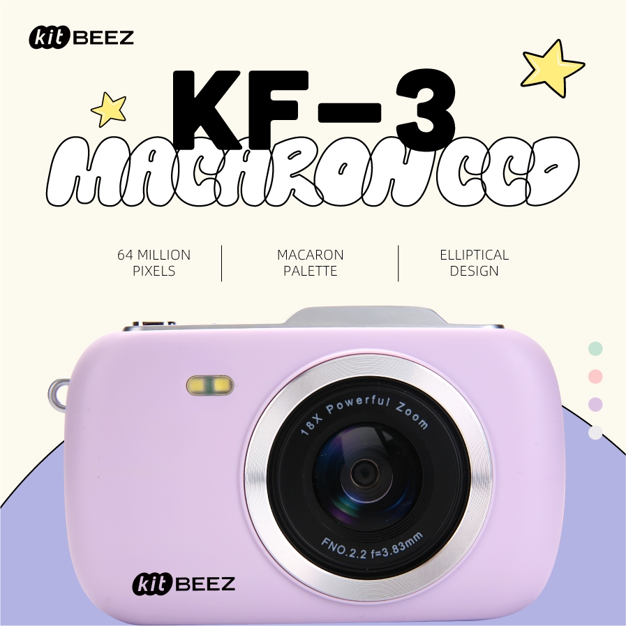 KiTBEEZ KF-3 Macaron CCD Camera 64MP Digital Camera with 4K Video, 18X Zoom, Built-in 4-Color Flash