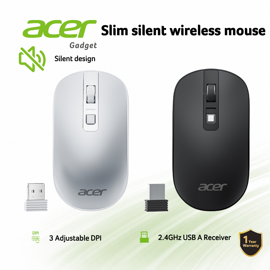 Acer Wireless Mouse Silent for Laptop 2.4GHz Slim Computer Mouse with 4 Buttons 3 Adjustable DPI USB