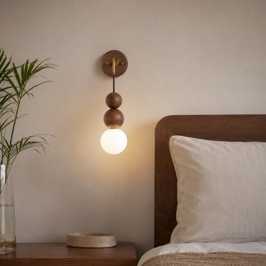 Mid Century Solid Wood Wall Light, Round Acrylic Wall Sconce with G9 Bulb & 3 Color Changing for Bed