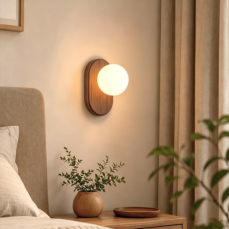 Modern Walnut Solid Wood Wall Lamp Minimalist Frosted Acrylic Globe Sconce For Bedroom Bedside Livin