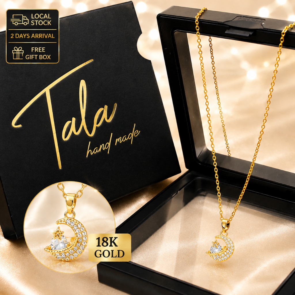 TALA hand made Necklace 18K Gold Star & Moon Pendant Jewelry Women Non-allergic With Premium Gift Bo
