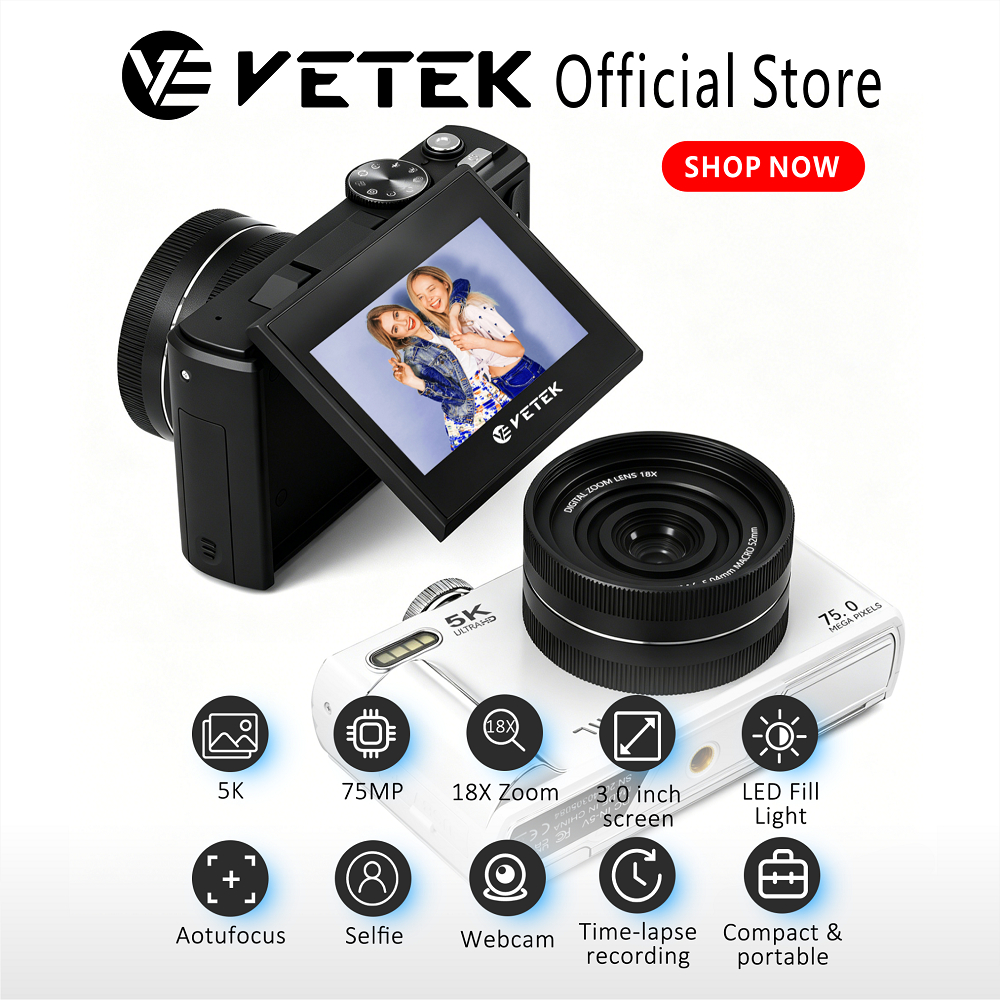 VETEK 8 Camera 75MP Digital 5K Vlogging Camera 18X Digital Zoom Portable camera