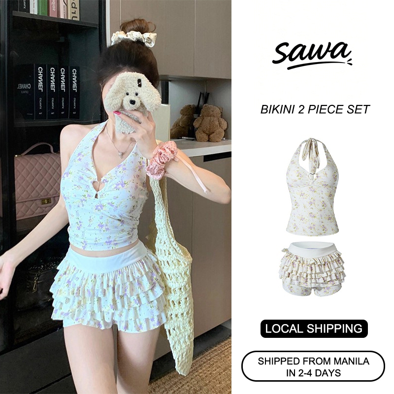 SAWA Women 2IN1 Bikini Set 2 Piece Swimsuit Floral Halter Top Layered Skirt Stretch Slim Beach Vacat