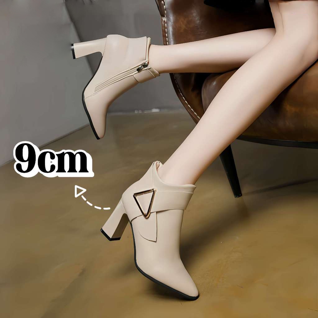 Boots Korean Beige 9cm High-Heeled Martin Boots Pointed Toe Thick-Heeled Women's Boot