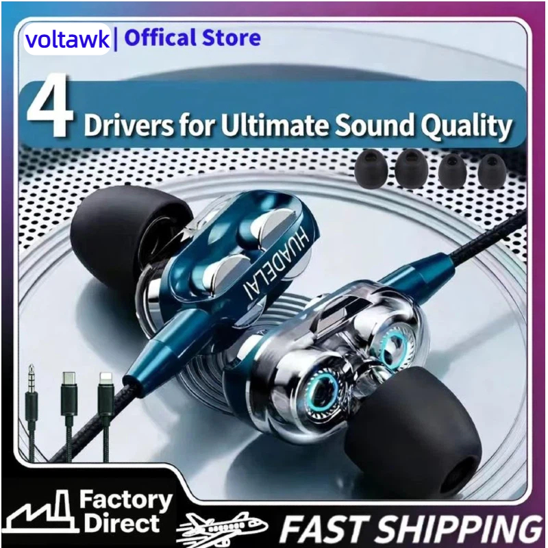 Super 4D Bass Double Speaker Headset Wired Earphone In-ear w/mic Sports Earbuds Noise