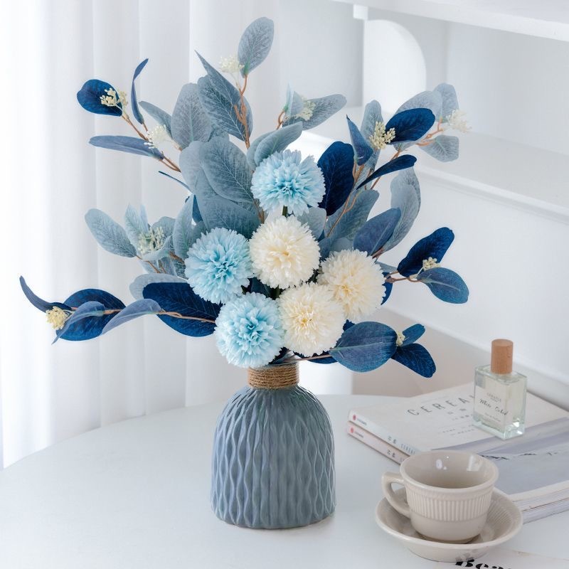 Blue light luxury style Fake Flowers with Vase, Artificial Flowers in Vase, Silk Flower Arrangements