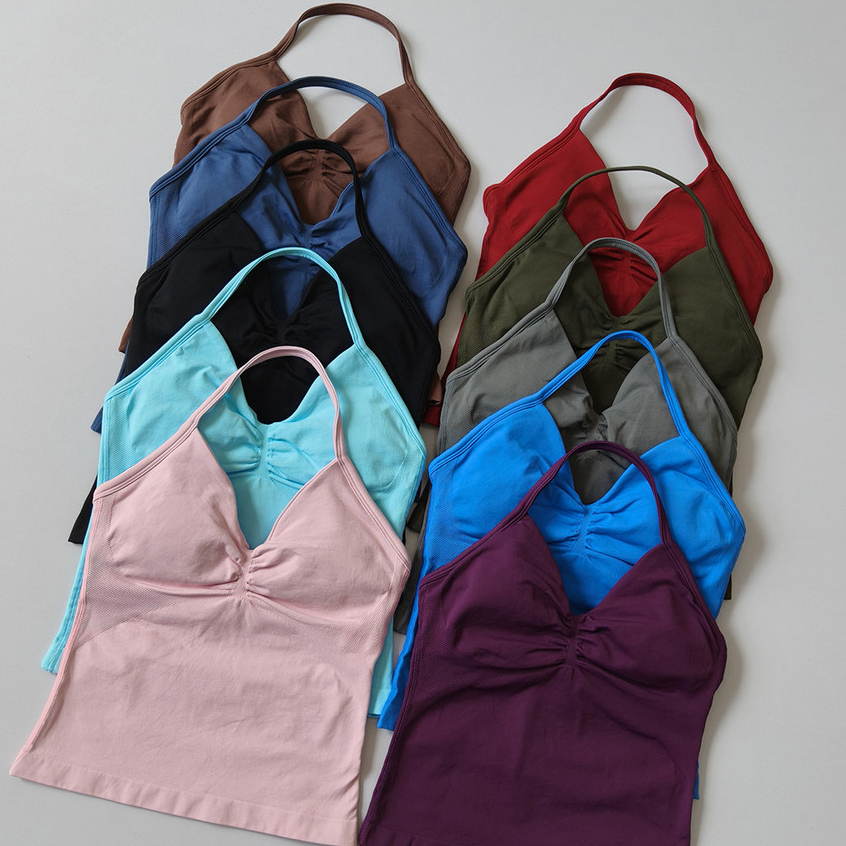 [COD] Halter Neck Sports Bra Top with Pads Women Seamless Gym Yoga Crop Top Sexy Backless Camisole T