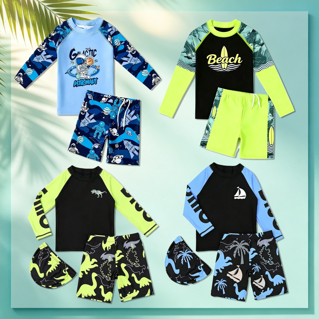 Children'S Two Piece Swimsuit Set Animal Print Pattern, Made Of Sun Rush Guard For Kids Boy Swimming