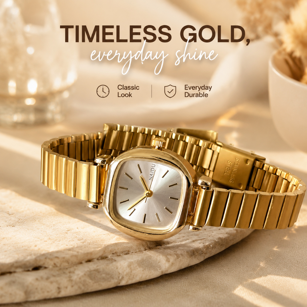 NAIDU Sunlit Gold Petite Square Watch | Skin-Brightening Minimalist + Adjustable Steel Strap - Effor