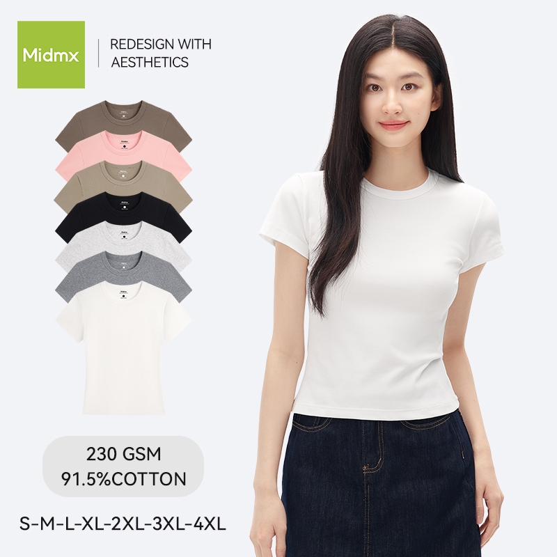 Midmx Slim Fit Women's Short Sleeved Round Neck T-Shirt High Elastic Cotton Top Waist Line Show Wais
