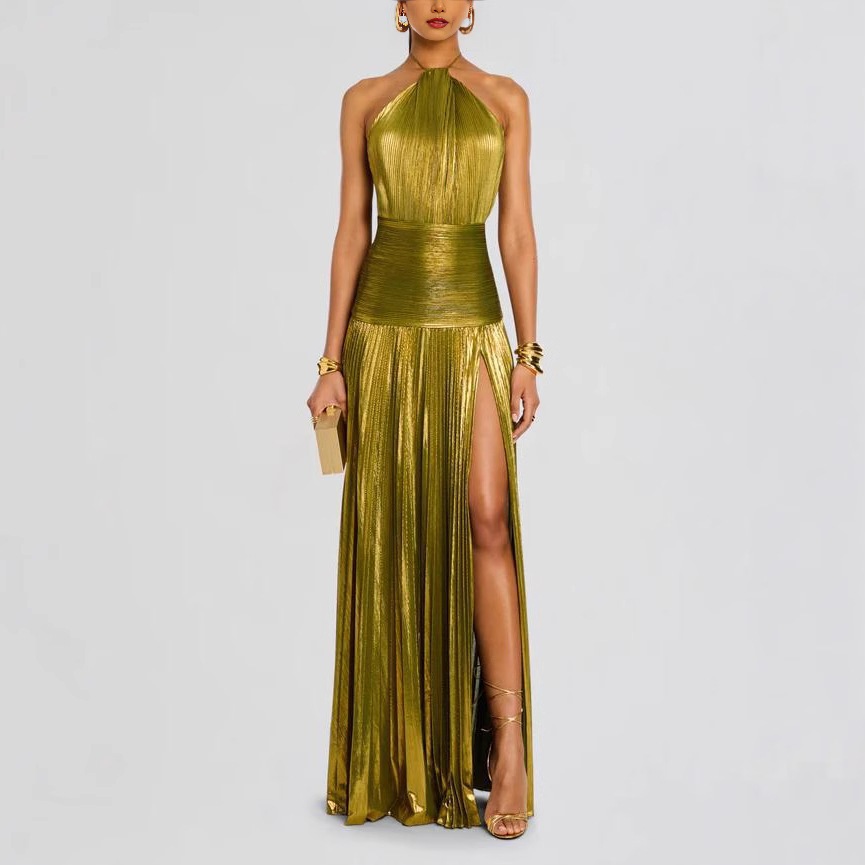 Vestido Longo Metálico Plissado Com Gravata Dividida , Gola Halter , Sem Mangas , Costas Nuas