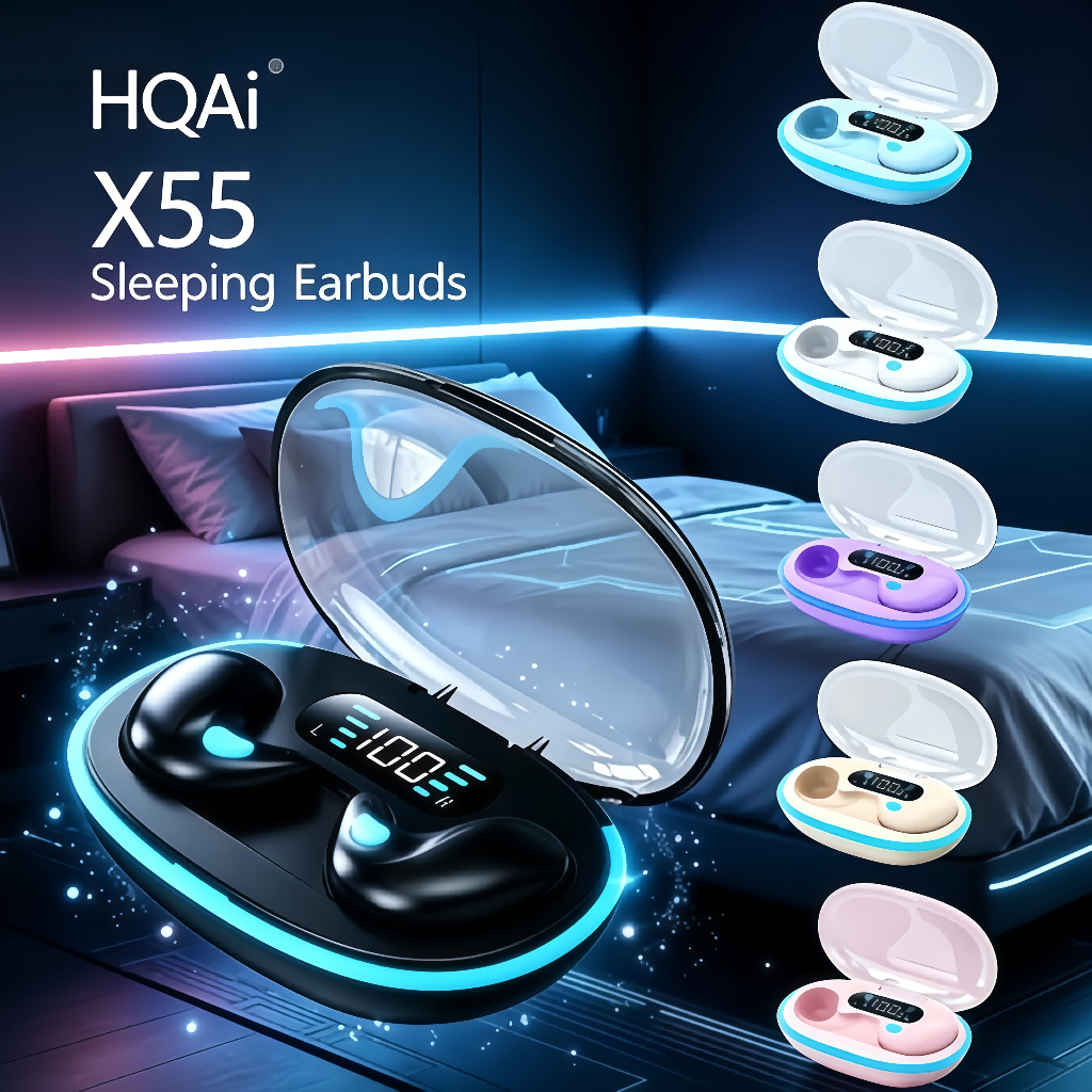 HQAi X55 Wireless Sleeping Earphone Bluetooth TWS Led Display Earbuds Hi-fi Stereo Sound Earphones W
