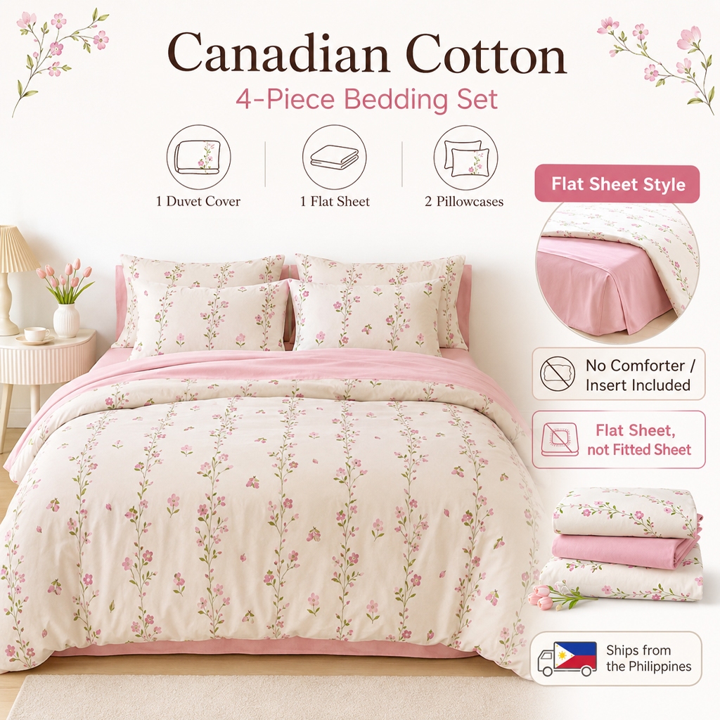 [PH STOCK] 4in1 Canadian Cotton Bedding Set Cute Pink Floral Rabbit Print Flat Sheet Duvet Cover Pil