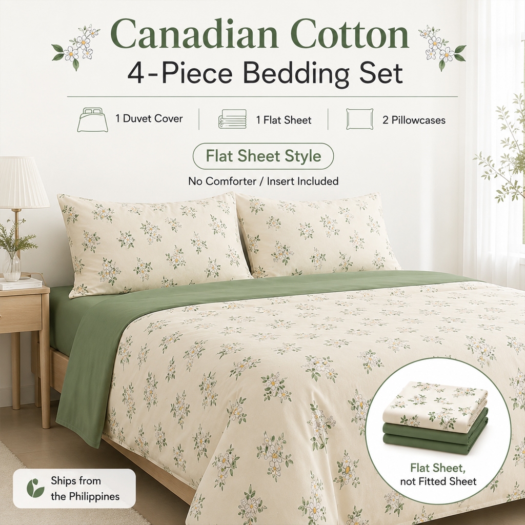 4in1 Bedding Set Canadian Cotton Floral Flat Bedsheet Set Duvet Cover Pillowcase High Quality Green