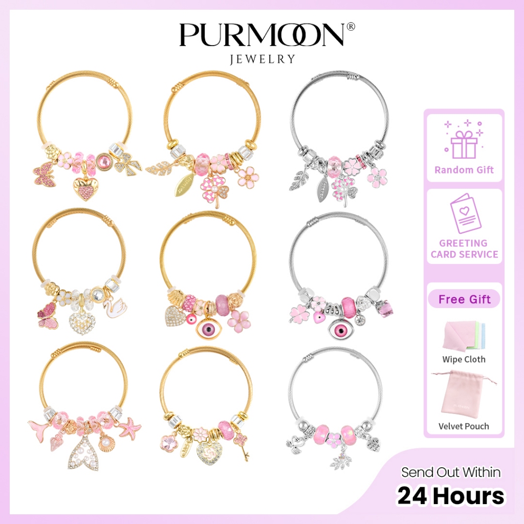 Purmoon Cystal Gold Plated Flower And Butterfly Charm Bangle Bracelet For Women Fashion Lucky Bracel