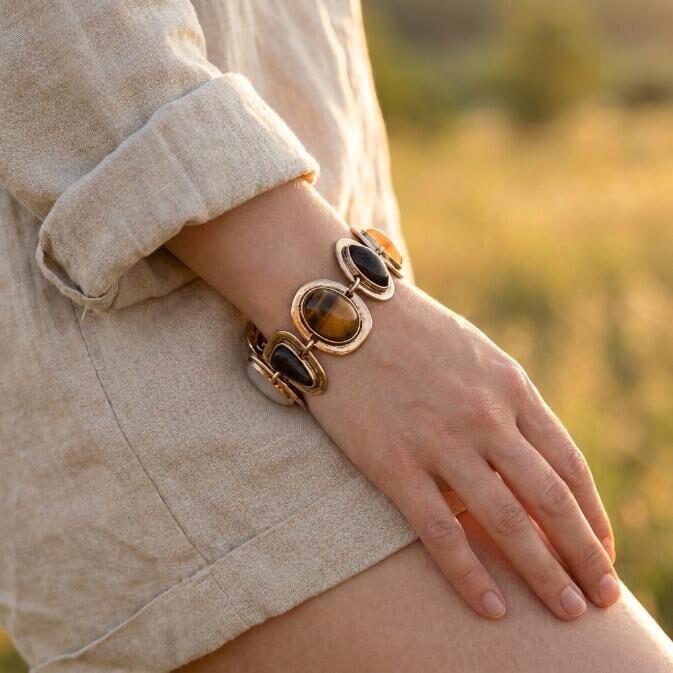 Mixed Gemstone Stainless Steel Gold-Plated Bracelet Trendy Women's Vintage Jewelry Daily Wear Access