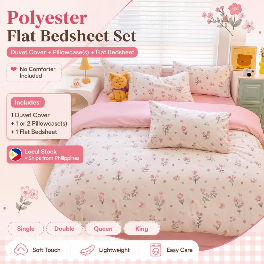 [PH STOCK] 4IN1 Floral Bedsheet Set Canadian Cotton Flat Sheet+Pillow Case+Comforter Cover Bedding S