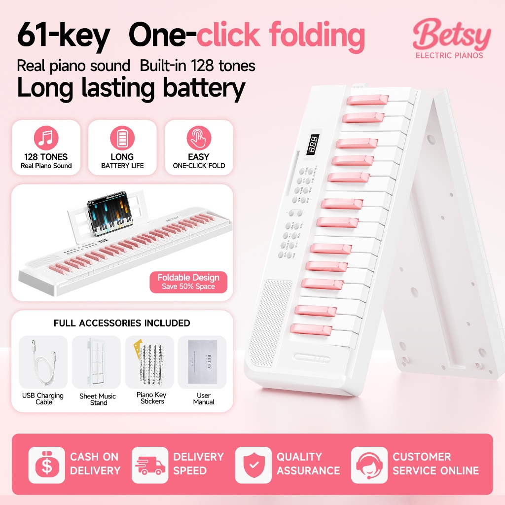 (Local Stock | COD) BETSY B151 61 Keys Foldable Portable Piano Keyboard for Kids & Beginners