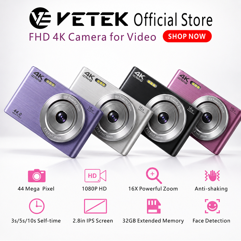 VETEK1 4K Digital Camera Selfie Portable Digital Camera Portable Photography Mini Pocket Camera Bat
