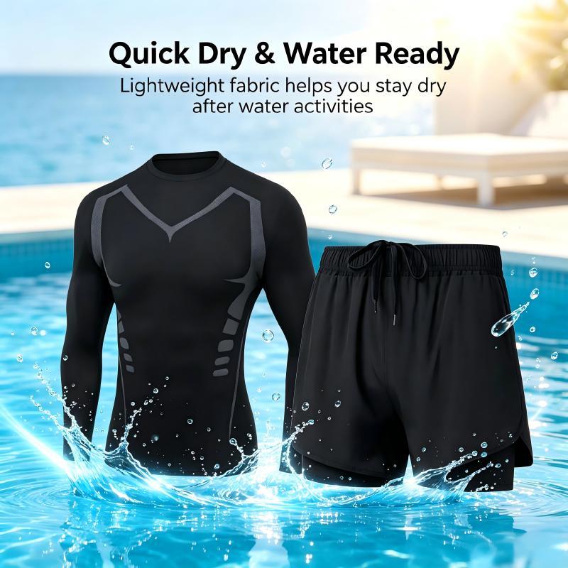 2Pcs Men Quick Dry Rash Guard Swim Set, Sun Protection Long Sleeve Top Anti Embarrassment Double Lay