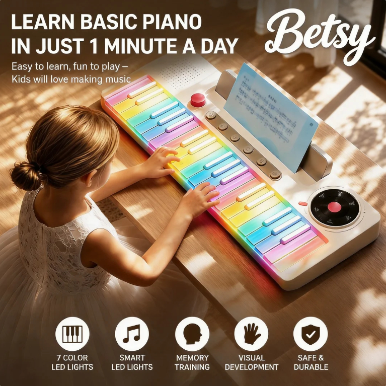BETSY Rainbow 37 Keys Keyboard Piano for Kids, Smart Musical Instrument Toy with Colorful Light, Beg
