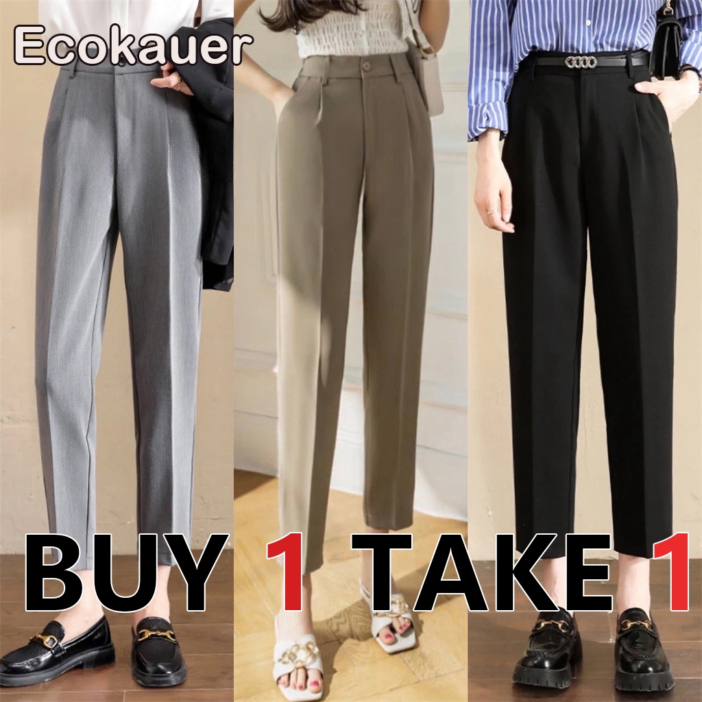 Ecokauer Suit Pants Loose Straight Cigarette Pants High Waist Casual Trouser For Women