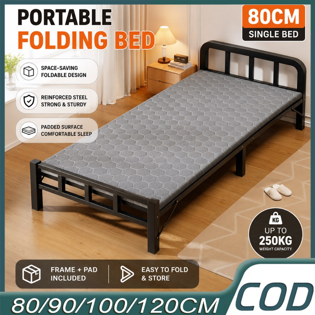 Portable Folding Bed Single/Double Foldable Bed Dorm Simple Metal Bed Frame Save Space