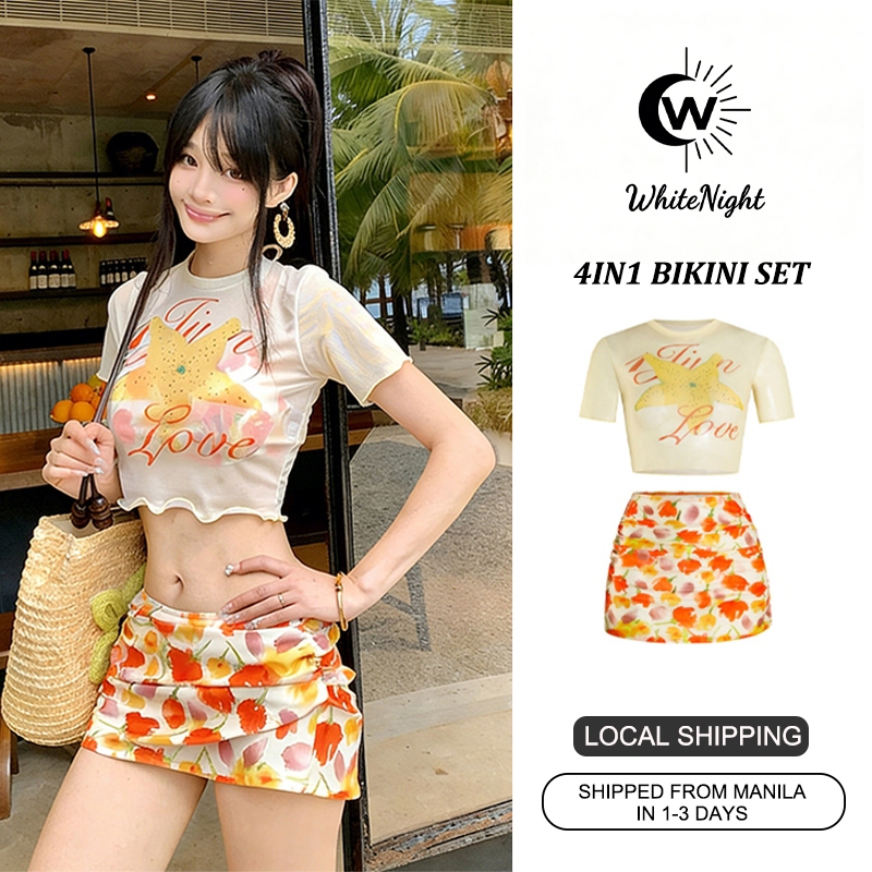 White Night Swimsuit women 4-piece set sexy orange 4in1 bikini set cover up sun protection hot sprin