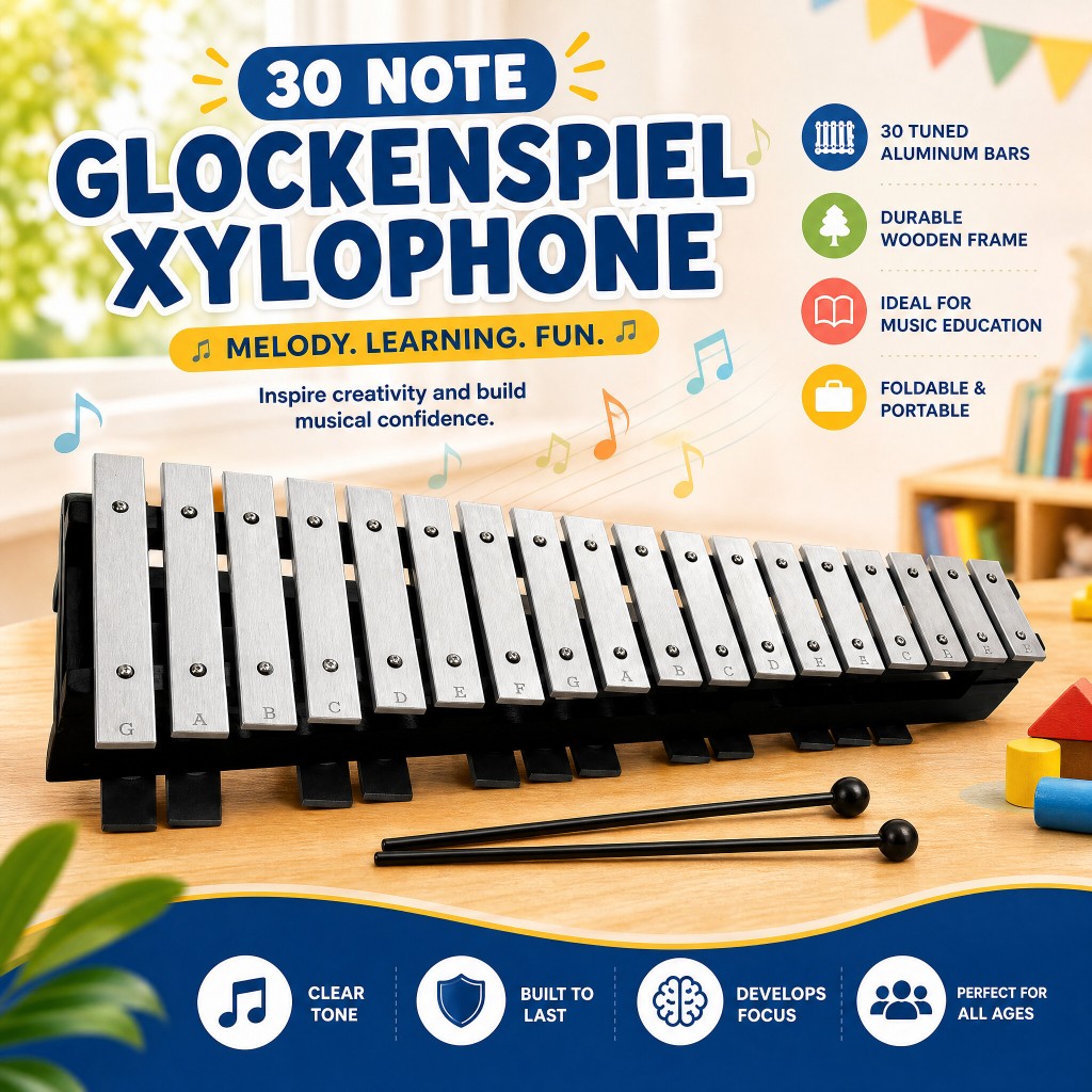 Ready Stock Foldable 30 Note Glockenspiel Xylophone Wooden Frame Aluminum Bars Educational Percussio