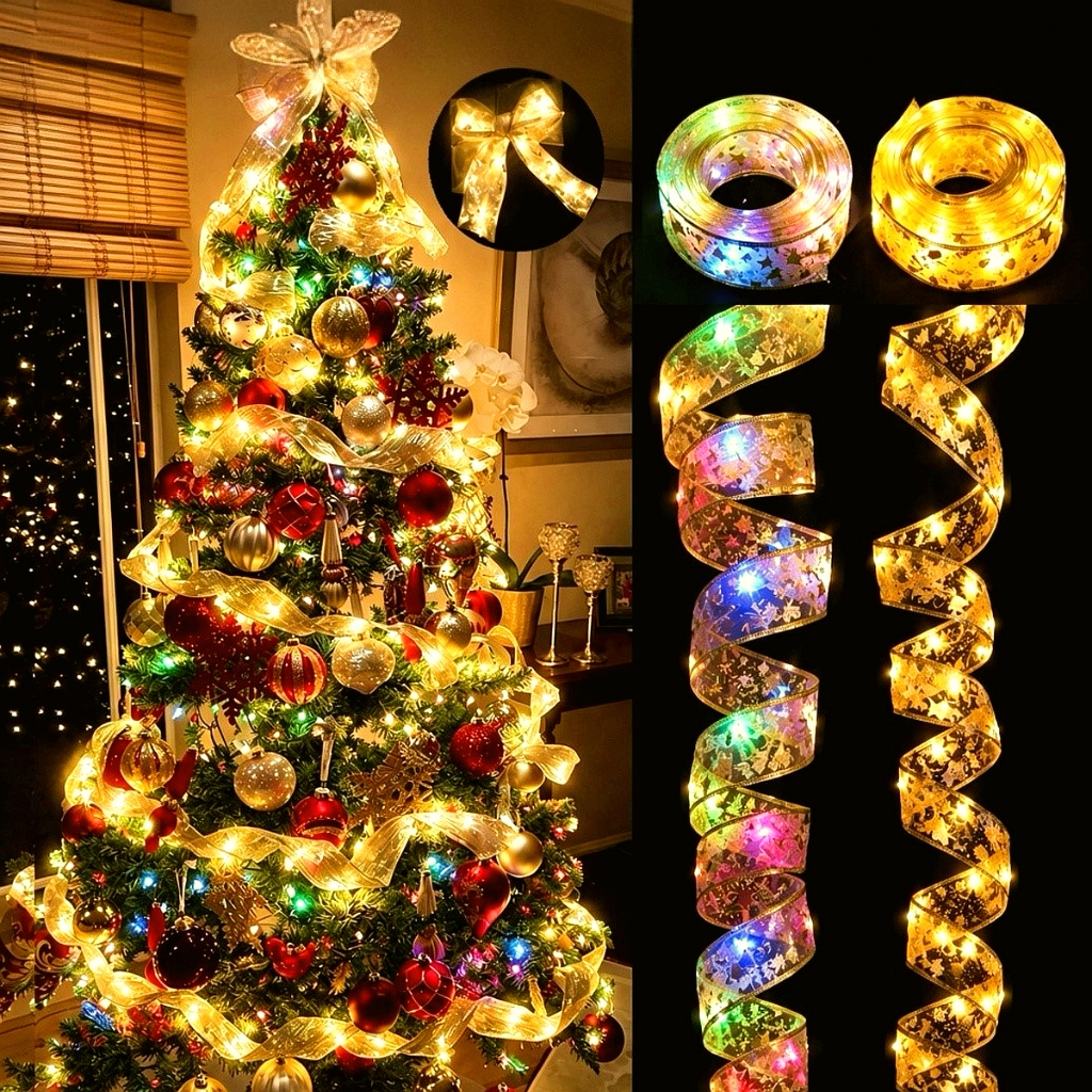 2/5/10m Ribbon Christmas Lights Battery Powered Fairy Led Strip Light Diy Bows Light String Christma
