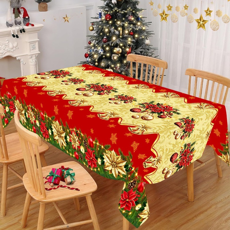 【New】Christmas Table Cloth 4/6 Seaters Red&Golden Christmas Balls Poinsettia Disposable Plastic Tabl