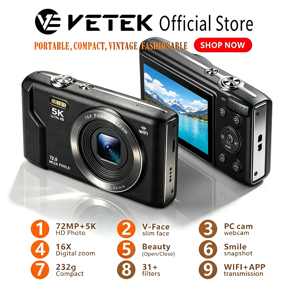 Vetek2-pro Digital Camera 72MP Cameras for Photography 5K Pocket Camera