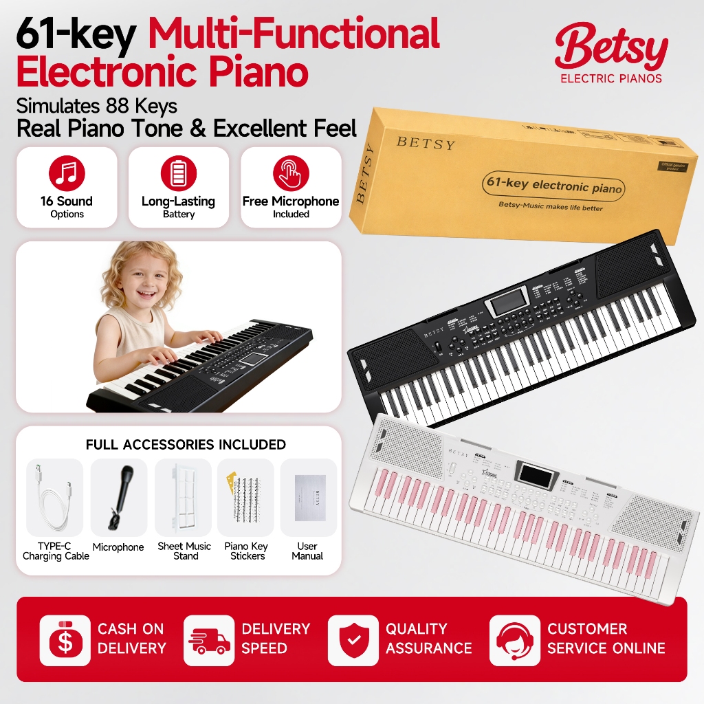 BETSY B39 61 Keys Digital Piano Keyboard for Kids & Beginners, Portable Electric Piano with Free Mic