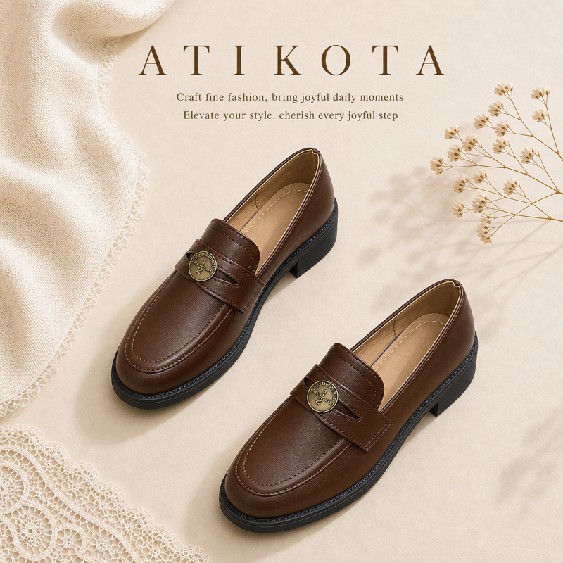 Atikota Ladies New Loafers Simple Casual Retro Soft Leather Round Toe Comfortable Single Shoes
