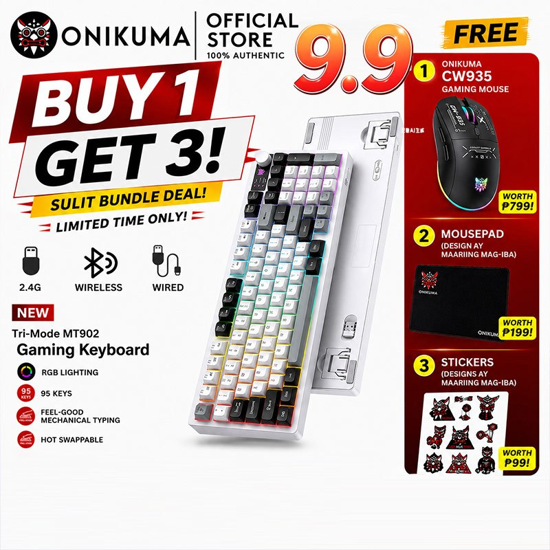 Onikuma MT902 Tri-Mode Wireless Keyboard 95 Keys RGB Wired Gamer Keyboard with Knob 2000mAh Recharg
