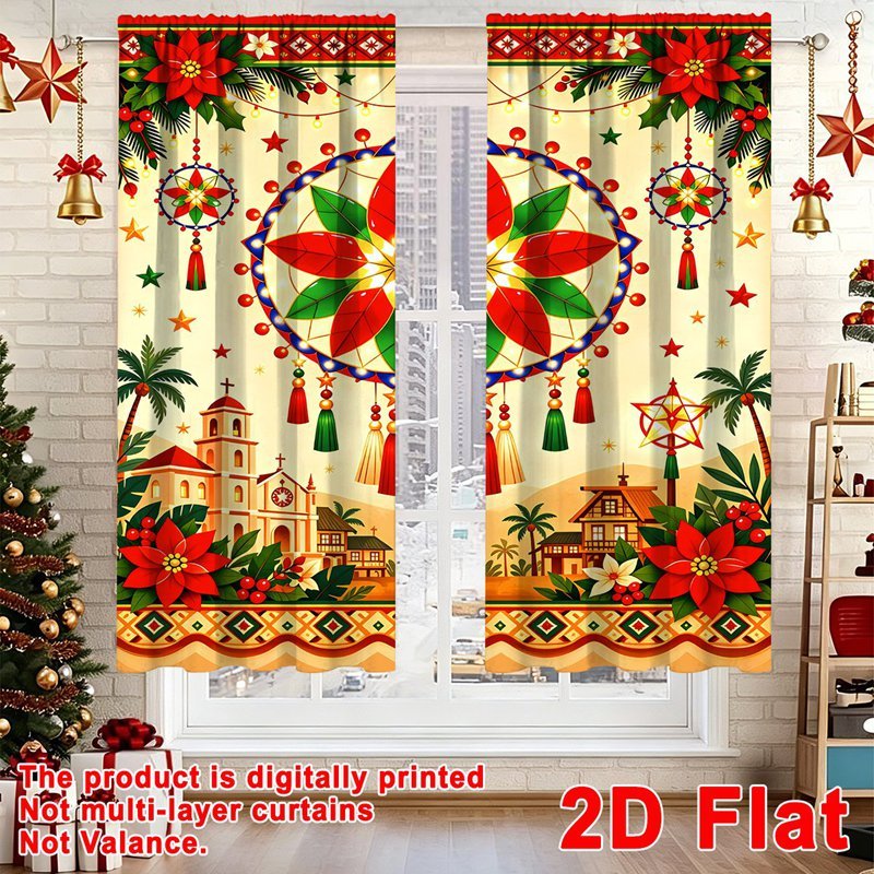 2pcs Christmas Curtain Sale for Window Decorations Maligayang Pasko Parol Star Poinsettias Design Cu