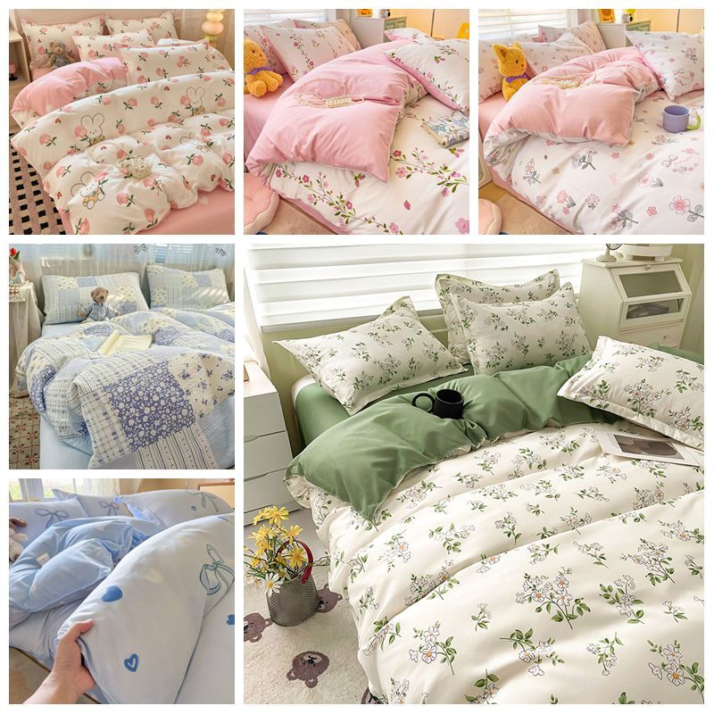 4in1 Bedding Set Korea Cotton Floral Flat Bedsheet Set Duvet Cover Pillowcase High Quality Green Pin