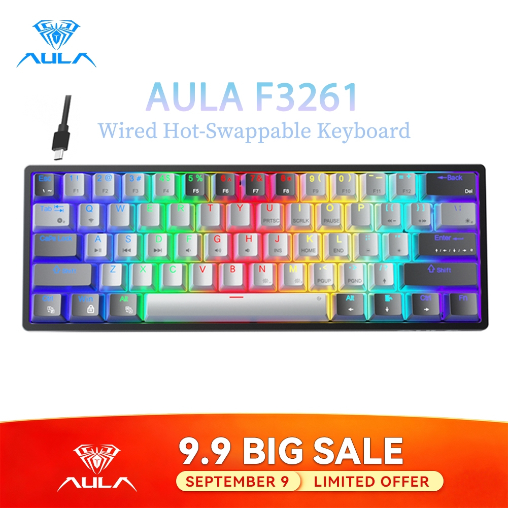 AULA F3261 61 Keys Wired Mechanical Keyboard RGB Hot Swappable Compact Gaming Keyboards LED Backlit