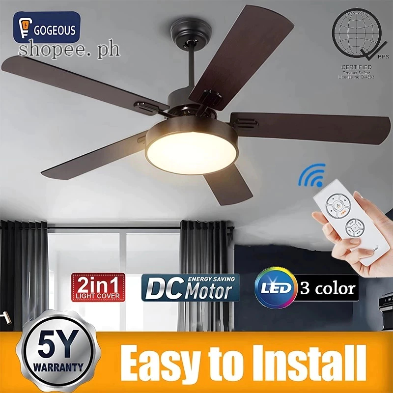 GOGEOUS 5 Blades Nordic Ceiling Fan Light Big Size Industrial Chandelier With Led 3 Color Lights Rem