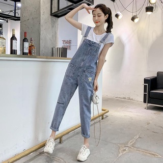 High waist Little Daisy denim suspender women's 2022 Korean Style loose and th高腰小雏菊牛仔背带裤女2022韩版宽松显瘦老爹百搭连体九分裤6.8
