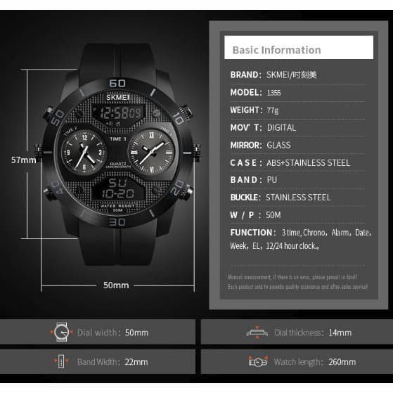 Skmei Analog Digital Watches 3 Time Men - 1355 - Black | Shopee Singapore