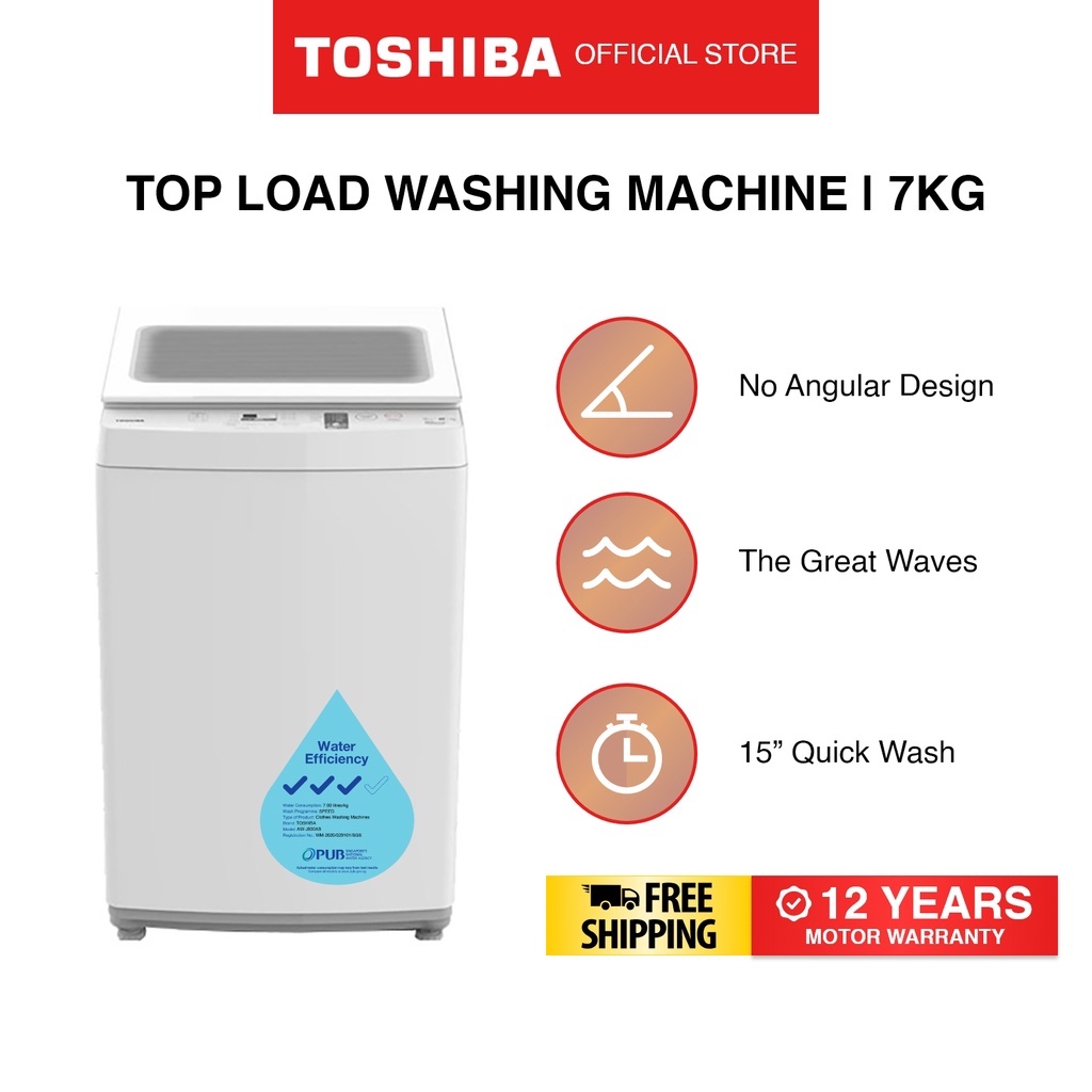 [Bulky] Toshiba AWJ800AS White 15" Quick Wash Top Load Washing Machine, 7kg, Water Efficiency 3