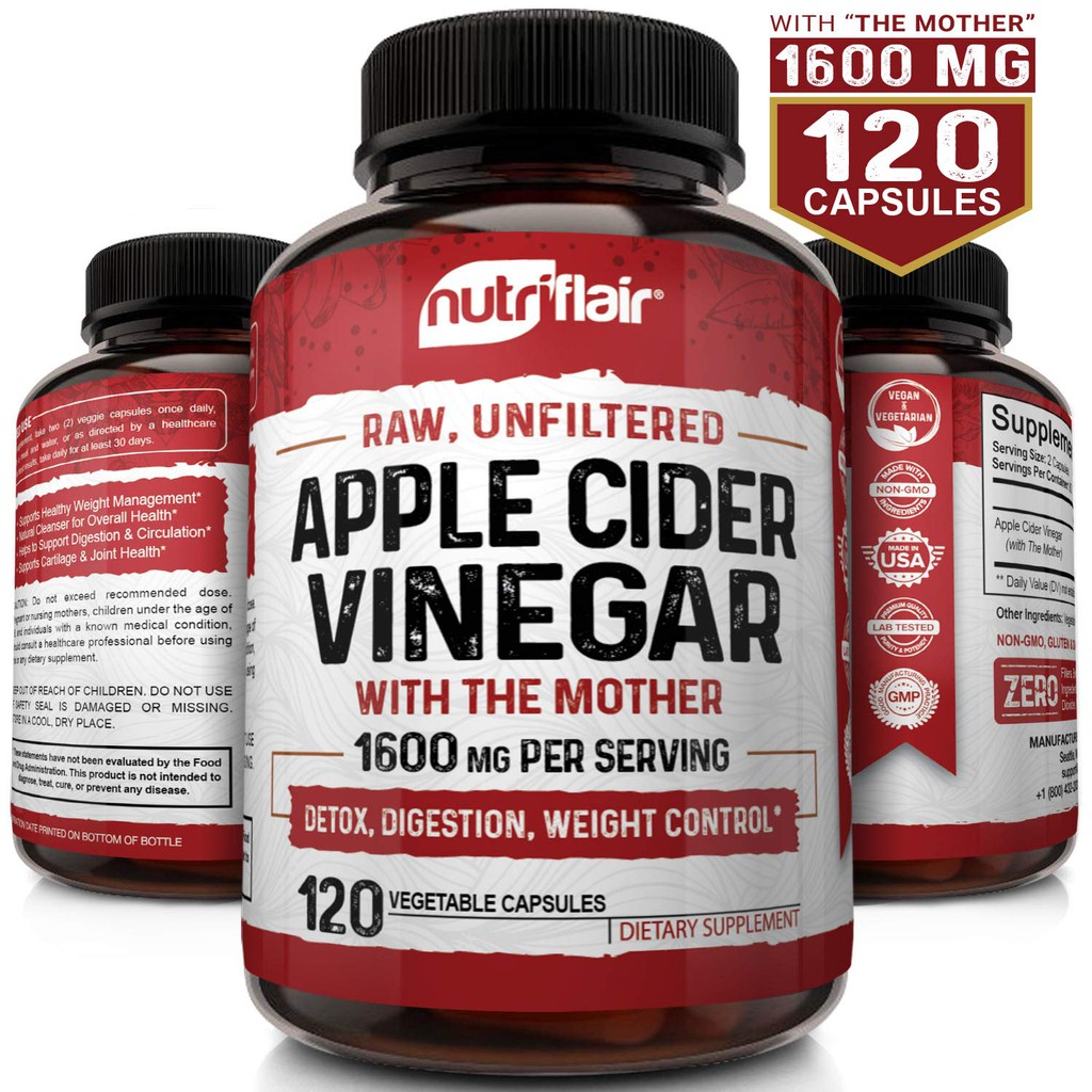 NutriFlair Apple Cider Vinegar Capsules with Mother 1600mg 120 Vegan ACV Pills Best