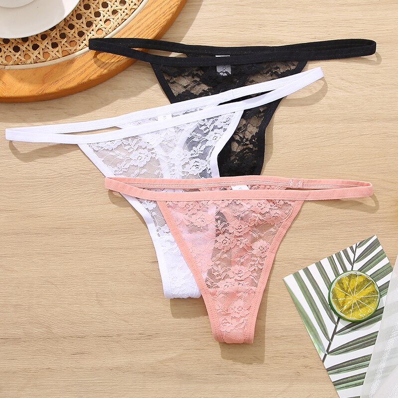 [Ready to Ship][Ready to Ship]3Pcs Low-rise Lace Thongs Women M-XL Sexy T-Back Thong Panties Lace G-