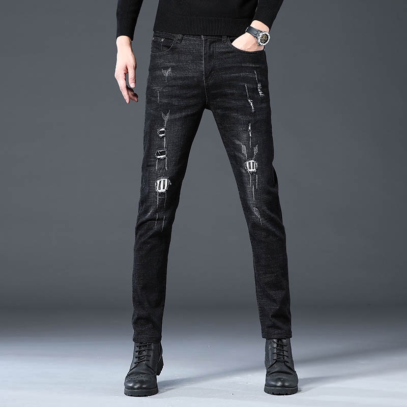 Washed Black Ripped Jeans Men Slim Fit Holes Denim Fashion Cool Jean Shopee Singapore