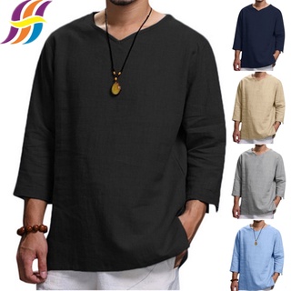 Men's Henley Shirt Kurta 3/4 Sleeve Cotton Linen Yoga Shirts Loose Casual Hippie Beach T Shirts with Rolled up Sleeve