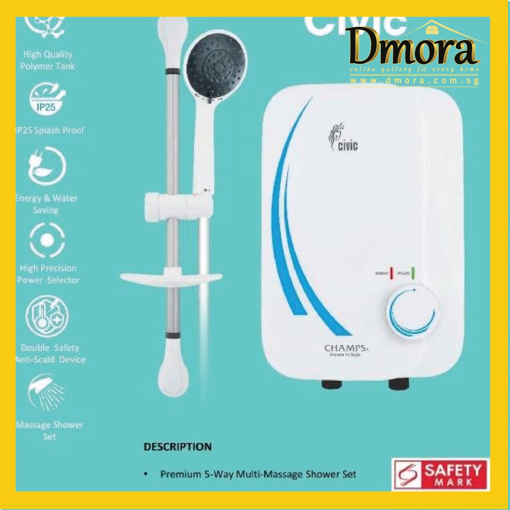 Champs Civic White Instant Heater With Handshower Set | Shopee Singapore