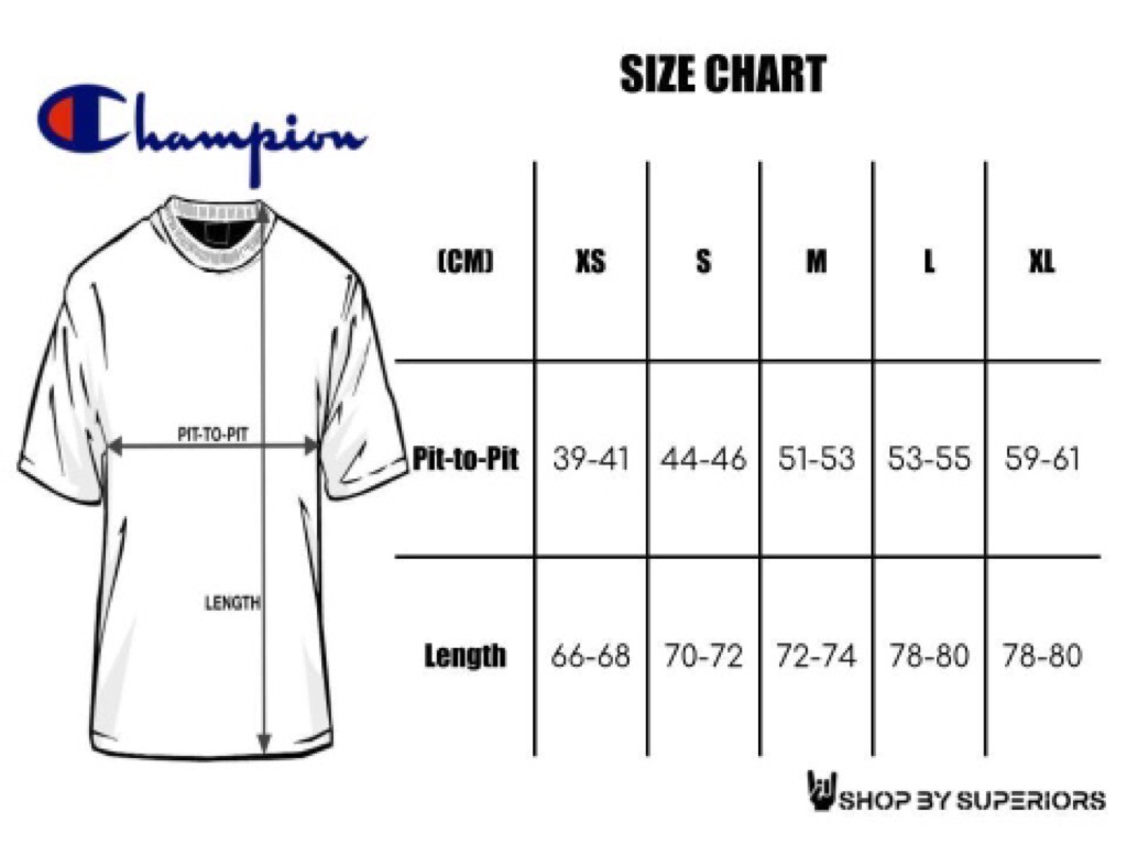 size chart champion t shirt